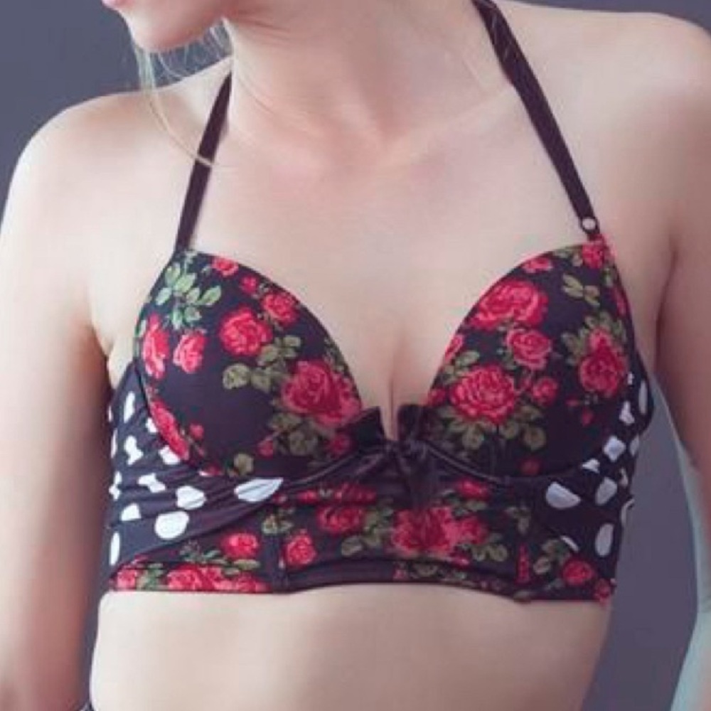 Lovesick Bra Top Black Red Pink Rose Polka Dots Y2K Size Medium